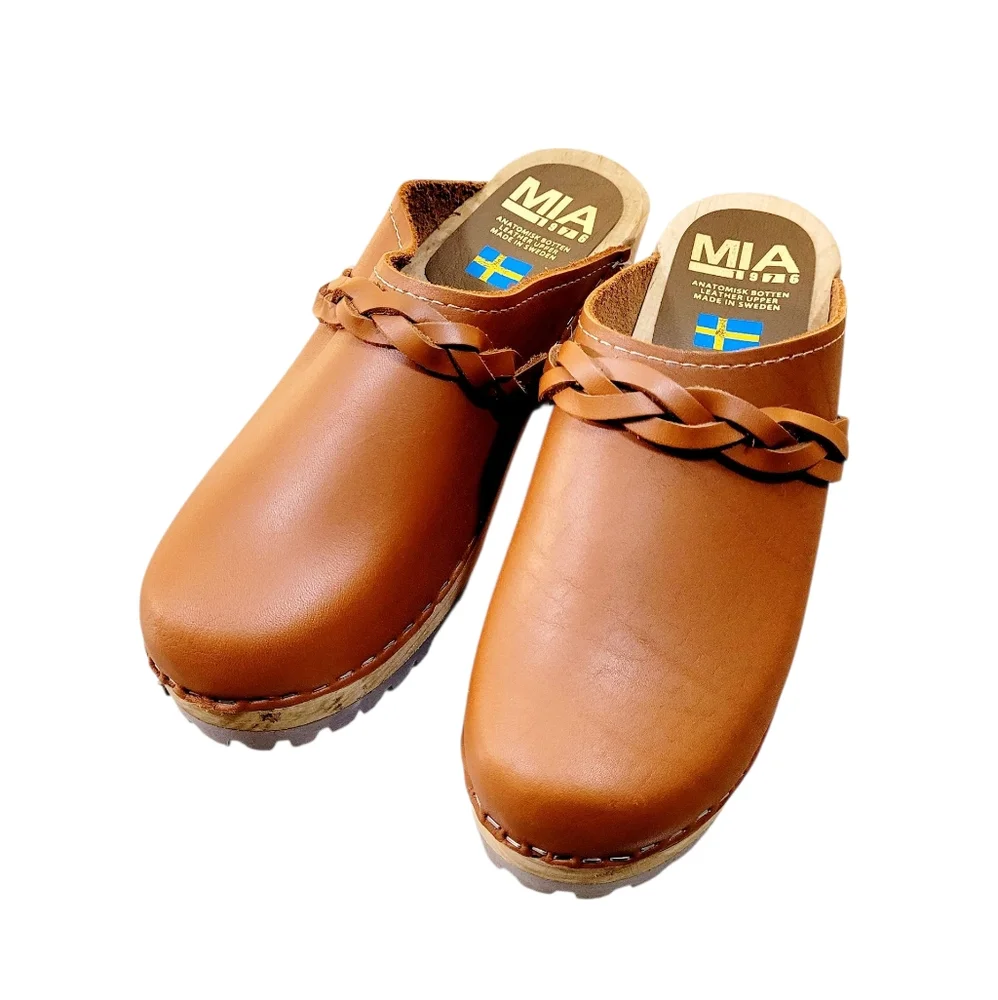 MIA Sweden ELSA Leather Heeled Clogs Mules In Luggage Brown Braided Detail 8 - Picture 10 of 14